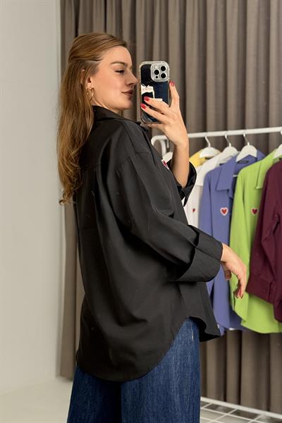 Ayıck Nakışlı Oversize Basic Gömlek Siyah