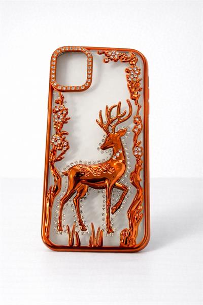 İphone 11 Uyumlu Geyik ve Çiçek Kabartmalı Kılıf Turuncu