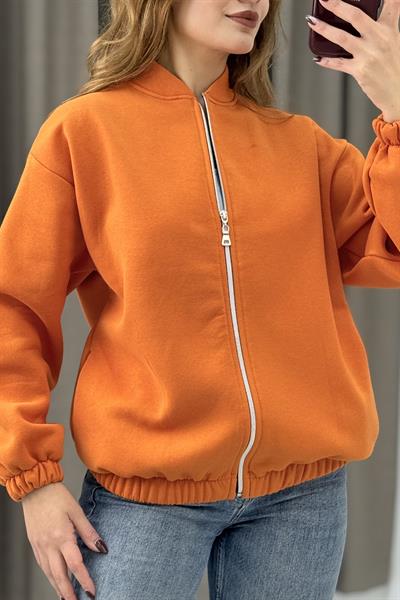 Üç İplik Şardonlu Turuncu Beli Lastikli Fermuarlı Hırka