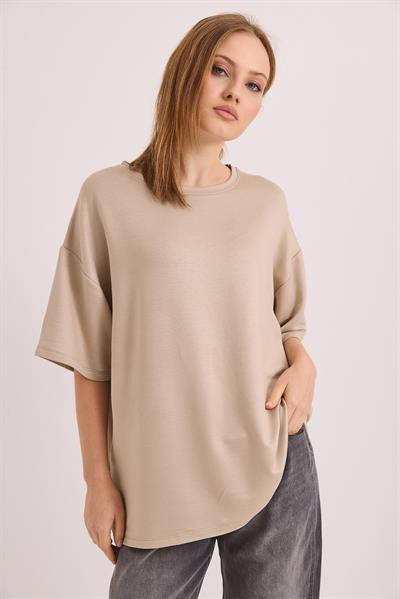 Oversize Yumuşak Dokulu Salaş T-Shirt Vizon