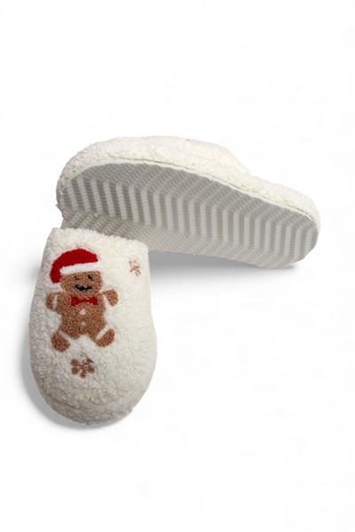 Kadın Yılbaşı Figürü Peluş Ekru Ev Terliği