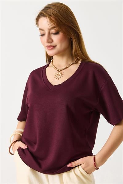 Kadın V Yaka Modal Kısa Kollu Tshirt  Bordo