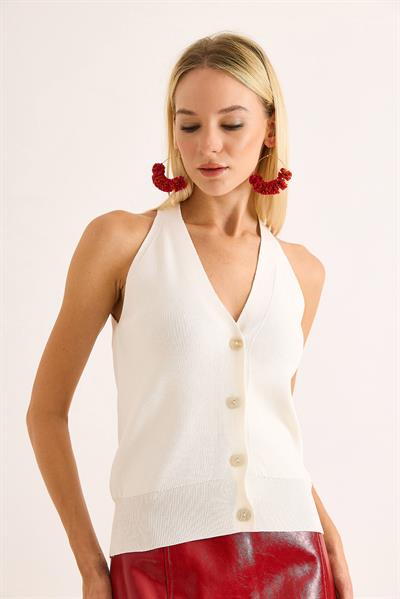Kadın Düğmeli Triko Yelek Beyaz