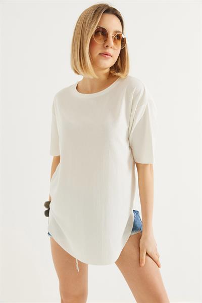 Bisiklet Yaka  Kısa Kol Basic Tshirt Beyaz