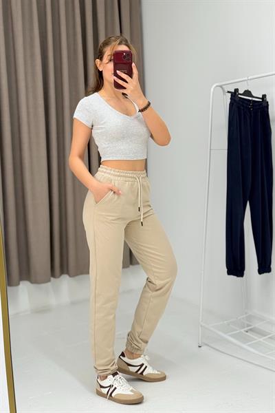 Kadın İki İplik Paçası Lastikli Eşofman Altı Bej