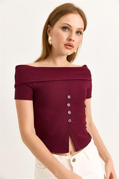 Kayık Yaka Düğme Detaylı Fitilli Örme Bluz Bordo