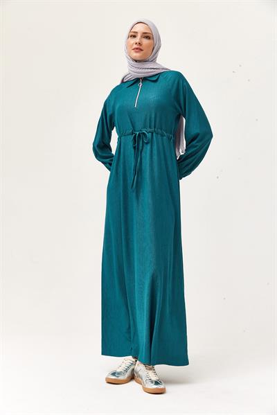 Gömlek Yaka Bel Tünelli Bürümcük Elbise Yeşil