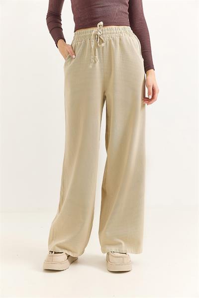 Kadın Pantalon Geniş Paça Bağcıklı  Pantalon Bej