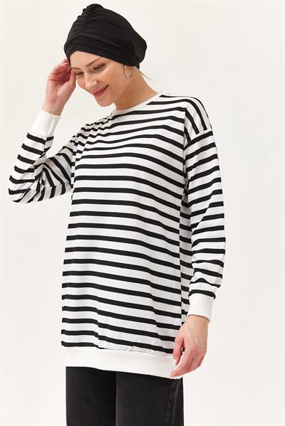 Çizgili Oversize Tunik Siyah