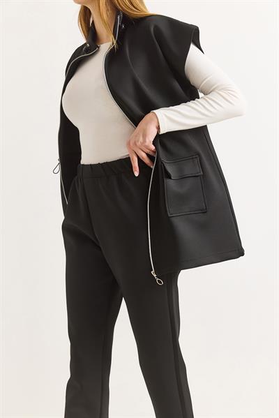 Kadın Beli Lastik Detaylı Scuba Pantalon Yelek Takım Siyah