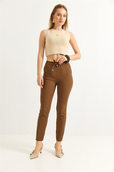 Beli Lastikli Çizgi Desenli Krep Pantolon Kahve