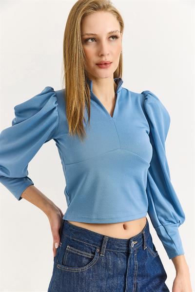 Kadın Hakim Yaka Prenses Kol Örme Bluz Mavi