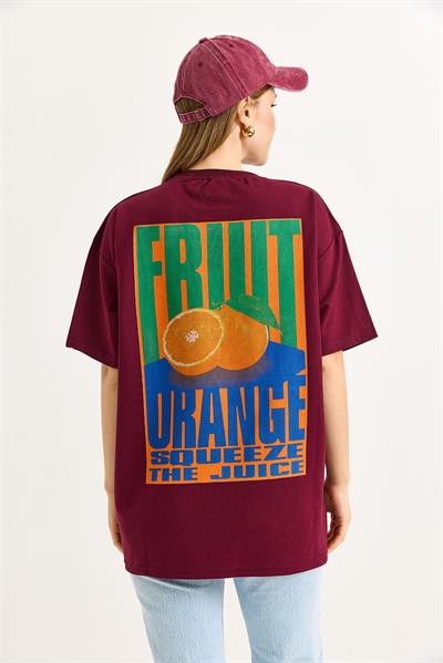 Oversize Ön ve Arka Baskılı Tshirt Bordo