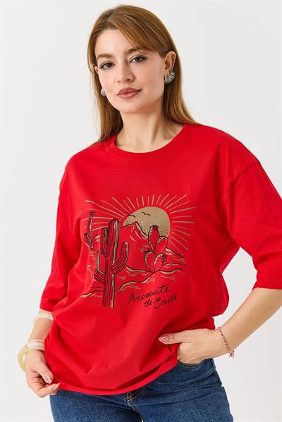 Kadın Çöl Tema Baskılı Bisiklet Yaka Tshirt Kırmızı