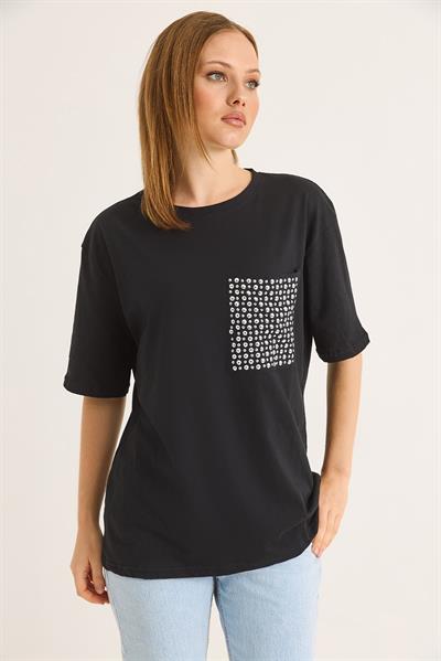 Bisiklet Yaka Taş Detaylı Cepli Tshirt Siyah