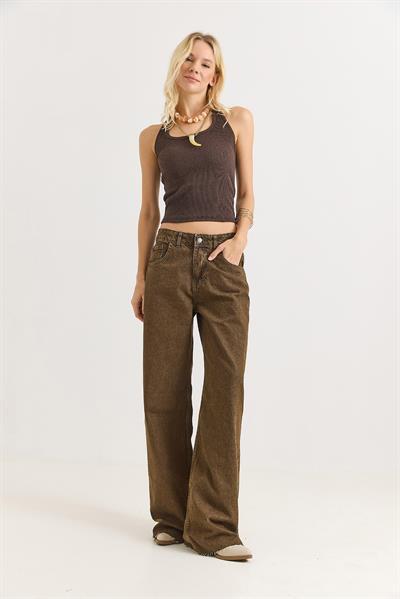 Kadın Bol Kesik Paça Şık Kot Pantalon  Kahverengi