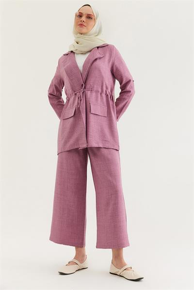 Bel Bağlamalı Ceketli Keten Takım Gül Kurusu