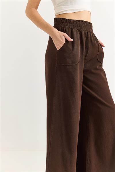 Kadın Pantalon Geniş Paça Cepleri Dikiş Detaylı  Pantalon Kahverengi