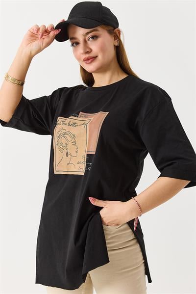 Kadın Figürlü Baskılı Bisiklet Yaka Tshirt Siyah