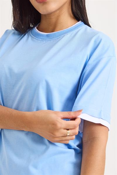 Bisiklet Yaka Kolları Garnili Kadın T-shirt Mavi