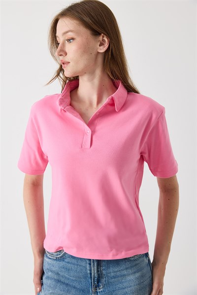 Kadın Vatkalı Polo Yaka Tshirt Koyu Pembe