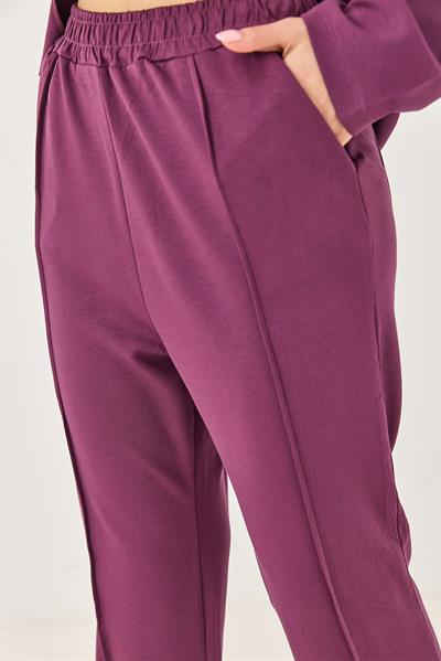 Kadın Bisiklet Yaka Nakışlı Oversize Eşofman Takım Mürdüm