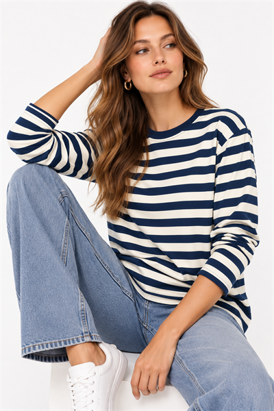 Kadın Çizgi Desenli Sweatshirt Lacivert