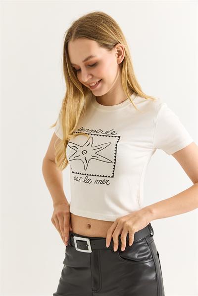 Deniz Yıldızı Baskılı Bisiklet Yaka Crop Beyaz