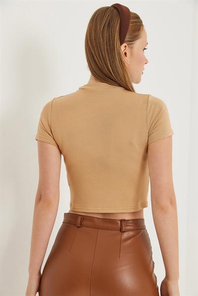 Bisiklet Yaka Esnek Crop Bluz Vizon