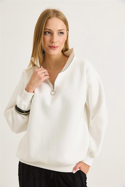 Kadın Yaka Fermuarlı 2 İplik Sweatshirt Beyaz