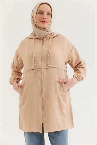 Araboy Kapşonlu Keten Kap Bej