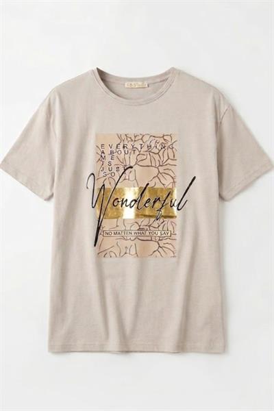 Kadın Bisiklet Yaka Baskılı Tshirt Gri