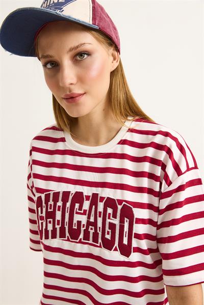 Çizgi Desen Nakışlı Kadın Tshirt Kırmızı