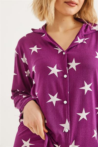Düğmeli Uzun Kollu Pijama Takımı Mor