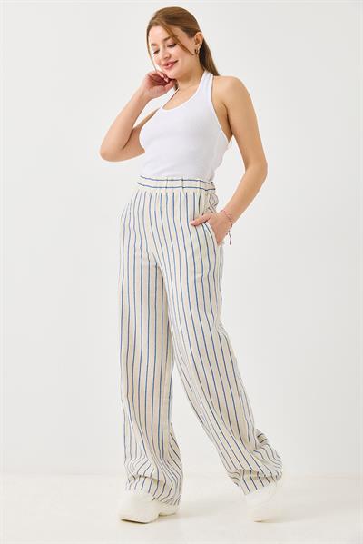 Çizgi Desenli Bol Paçalı Keten Pantolon Mavi