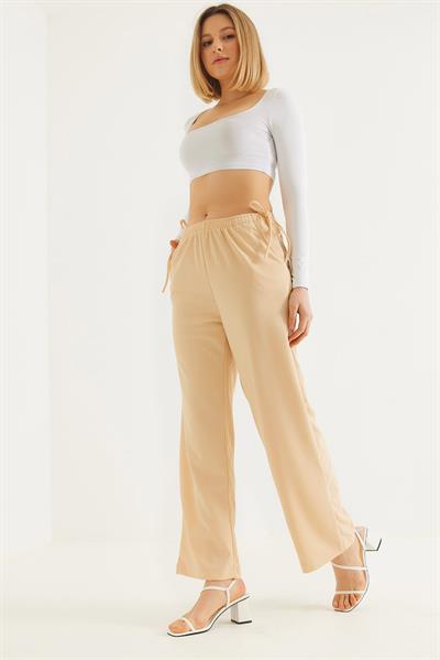 Yanları İp Detaylı Bol Paça Pantolon Bej