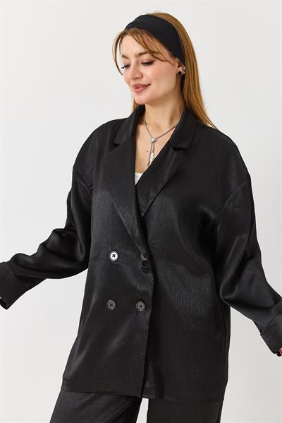 Kadın  Kruvaze Yaka Saten Oversize Blazer Ceket Siyah