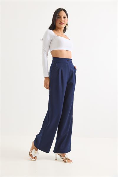 Yüksek Bel Bol Paça Çift Düğmeli Pantolon Lacivert