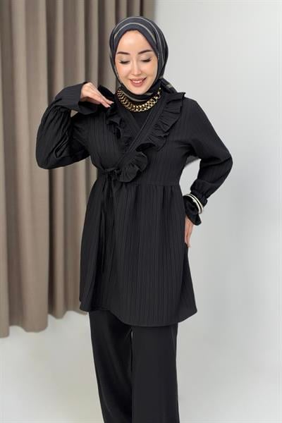 Kadın Yakası Fırfırlı Yandan Bağlamalı Krinkıl Kimono Siyah