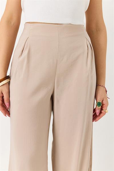 Kadın Beli Lastikli Yandan Fermuarlı Salaş Kesim Mevsimlik Pantolon Vizon