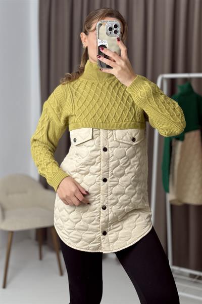 Kapitoneli Baklava Örgülü Triko Kazak Hardal