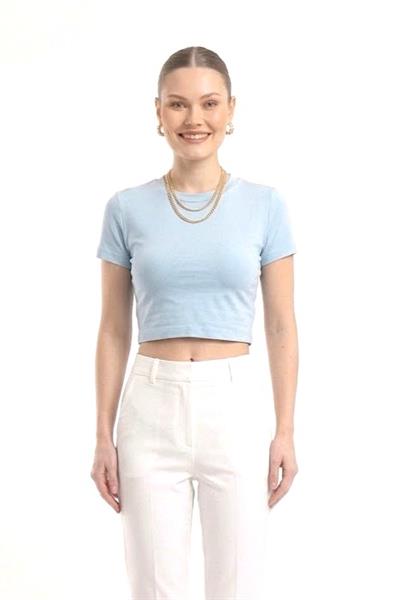 Kadın Bisiklet Yaka Düz Crop Bluz Mavi