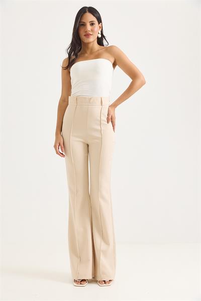 Çımalı İspanyol Paça Yüksek Bel Pantolon Krem