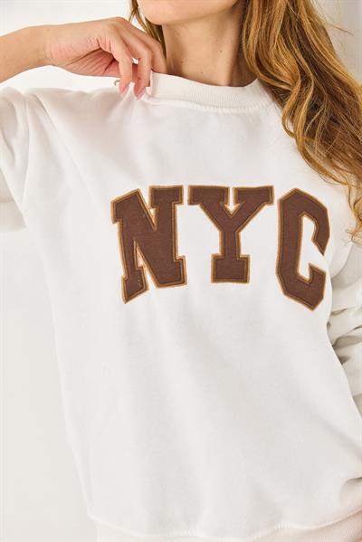 Kadın Bisiklet Yaka Üç İplik  NYC Baskılı SweatshirT Beyaz