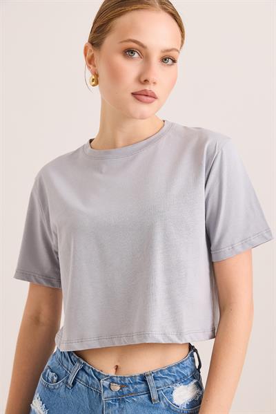 Rahat Kalıp Pamuk Örme Crop Tshirt Gri