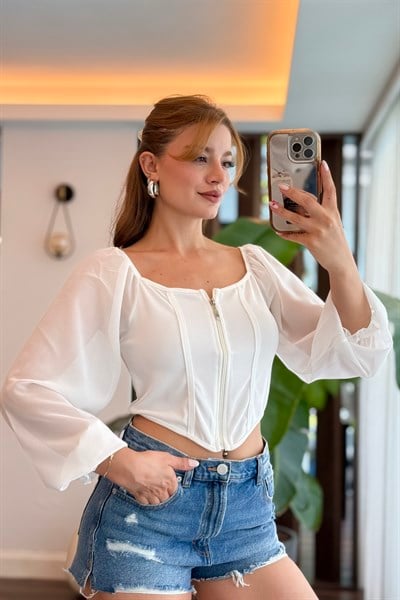 Kare Yaka Kolları Tül Detaylı Fermuarlı Bluz Beyaz