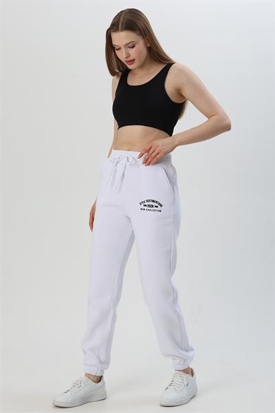 Paçası Lasitikli  Beli Kalın Lastikli Eşofman Altı Beyaz