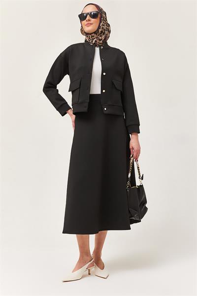 Metal Düğmeli Etekli Scuba İkili Takım Siyah 