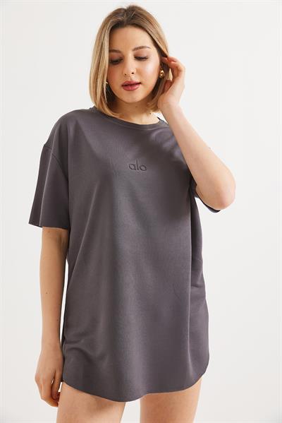 Eteği Oval Kesim Bisiklet Yaka Tshirt Füme