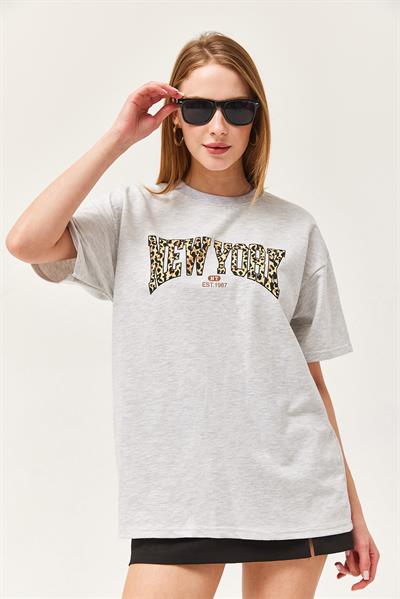 Bisiklet Yaka Oversize Tshirt Gri